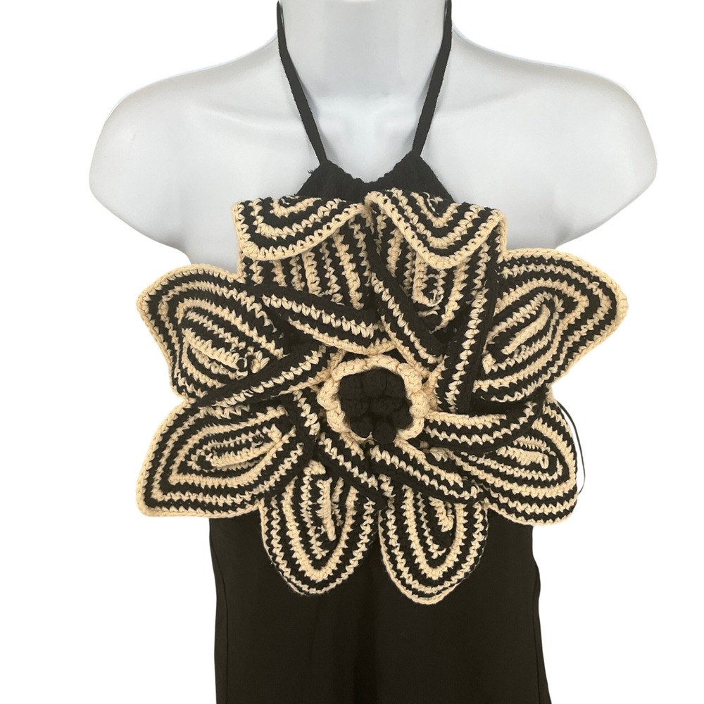 Zara Halter Dress Womens Sz S Black Linen 3D Crochet Flower Boho Festival Resort - Picture 2 of 10